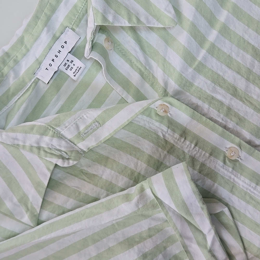 Topshop Green‎ White Striped Button Up Shirt Women’s 4 Short Sleeve
